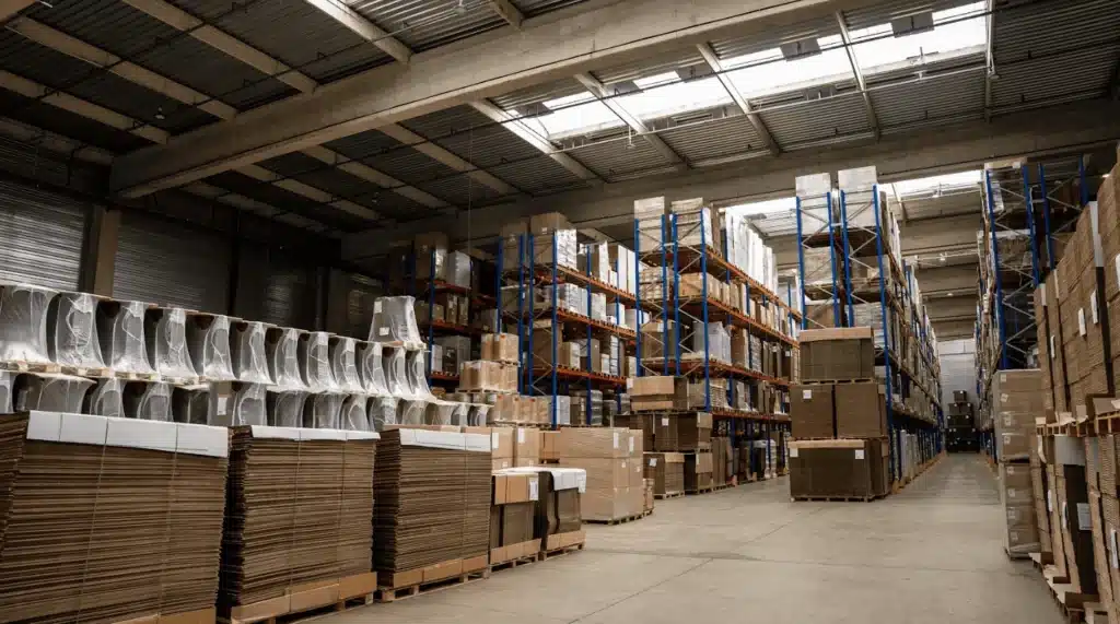 Entrepôt de chez TLR Robinet , rempli de palettes et de cartons